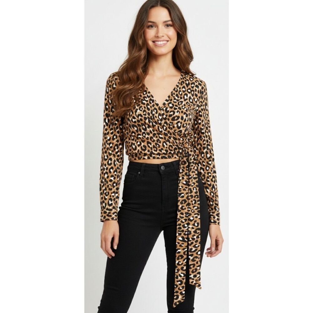 womens small blouse Diane Von Furstenberg leopard silk crepe wrap tie Tan